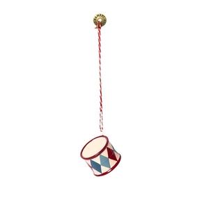 Red and blue plaid drum Christmas tree ornament hanging with a white rope and metal tag