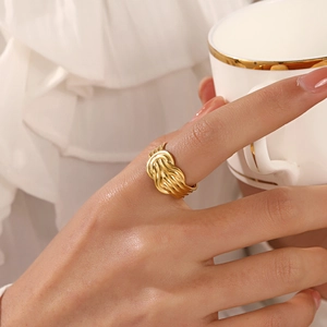Stainless Steel 18K Gold Plated Ring Braided Twist Knot Wide Geometric Adjustable Open Rings For Women Fashion Jewelry