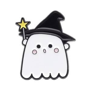 Ghost enamel pin with wizard hat and magic wand for Halloween accessory decorations