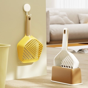 Minimalist cat litter scoop set with base including yellow and white shovel tools