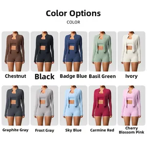 Grille détaillée montrant dix couleurs d'ensemble de yoga avec veste, brassière et short femme
