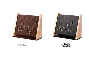 Dual view of wooden necklace display stands in coffee velvet and black leather finish