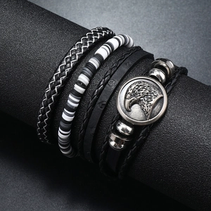 Men's 4-piece multilayer leather bracelet set with beads and metal eagle head charm