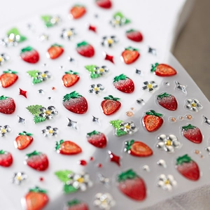 Autocollants nail art 3D fraise et fleurs avec paillettes rouges et ornements argentés
