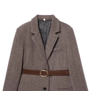 Brown herringbone blazer for women featuring a classic waist belt and gold buckle