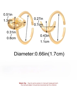 Size chart for golden brass rings showing 1.7cm diameter and moon face design specs