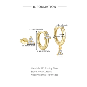 Detailed size specifications of 925 sterling silver three-piece earring set with zircons