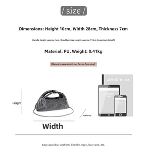 Size comparison chart for rhinestone evening handbag with A4 and iPad reference
