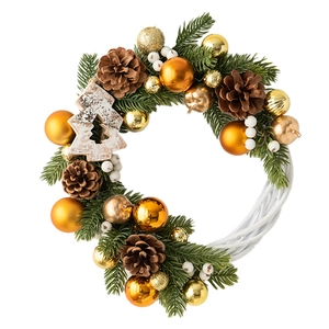 Christmas wreath with gold ornaments, pine cones, and white base for home holiday decor