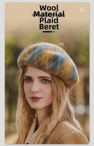Detail of wool beret showing plaid texture and retro mustard yellow checker pattern