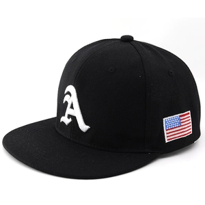 Hip-hop black flat brim snapback cap with white letter A embroidery and USA flag patch