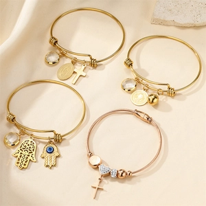 Stainless Steel Religious Charm Bangle For Women Gold Rose Gold Cross Hamsa Hand Evil Eye Rhinestone Religious Jewelry Gift