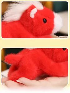 Macro detail of red plush pony magnet showing acrylic eyes and soft faux fur texture