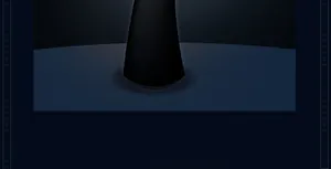 Close-up of minimalist black sandalwood shaving cream canister on a navy circular pedestal