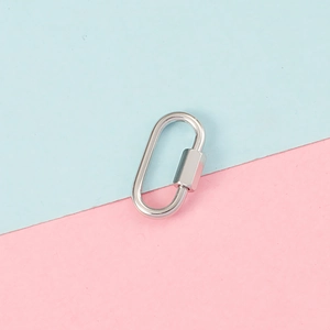 Close-up of a silver stainless steel screw gate oval carabiner for DIY jewelry making