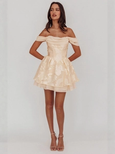 Off-shoulder floral jacquard mini dress with layered ruffle hem in beige for summer
