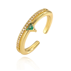 18K gold plated adjustable open ring featuring green triangle stone and clear zircons