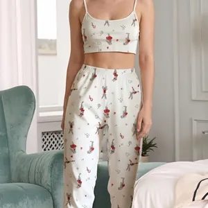 Women's 3-piece cherry print pajama set with long robe and V-neck indoor loungewear