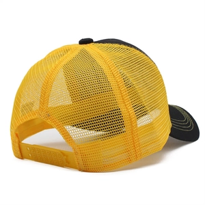 Classic black and yellow mesh trucker hat with snapback closure and contrast stitching