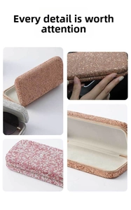 Macro detail of high-density rhinestones and gray flocked lining on hard car glasses case
