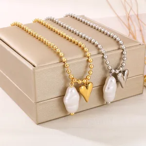 Stainless Steel Heart Pendant Necklace With Baroque Imitation Artificial Pearl Ball Chain Minimalist Fashion For Women