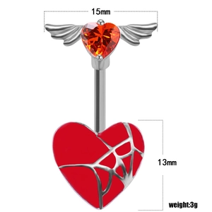 Detailed view of red heart belly button ring with silver wings and size specifications
