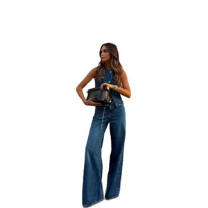 Fashionable dark blue denim set with sleeveless vest top and wide-leg trousers for women