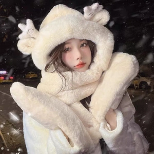 Ensemble 3-en-1 écharpe à capuche et gants en peluche pour femme de couleur beige crème