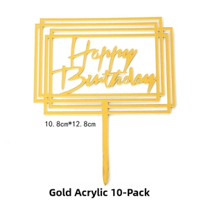 Macro detail of gold mirror acrylic Happy Birthday cake topper measuring 10.8cm by 12.8cm