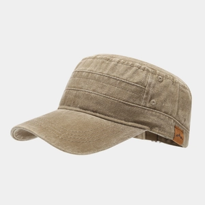 Retro washed canvas flat top military cap with mountain leather patch and breathable eyelets