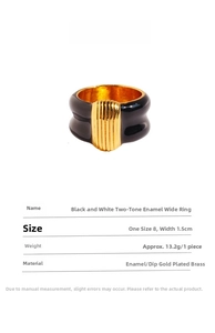 Detail showing vintage black enamel wide ring with gold-plated brass ridges and sizing info