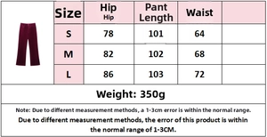 Detailed size chart for velvet blazer and wide leg pants set with measurement guide