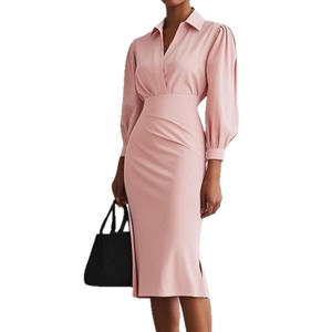 Rosafarbenes Midikleid für Damen mit V-Ausschnitt, Puffärmeln und tailliertem Schnitt