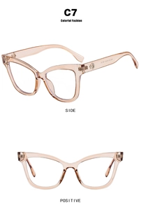 Detail view of cat eye TR90 glasses frames in transparent amber jelly finish