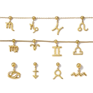 Macro shot of twelve golden zodiac signs charms with assorted stainless steel chain sets