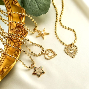 Copper Ball Chain Necklace Featuring Elegant Heart And Star Pendants With Sparkly Zircon Inlay For Women