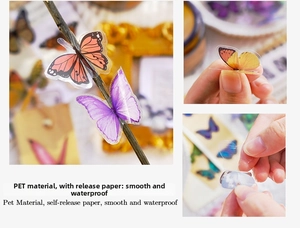 Macro detail of colorful butterfly PET stickers featuring waterproof texture and release paper