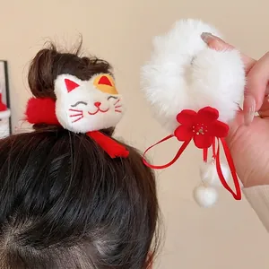 Plush Hair Scrunchies Lucky Cat Design Red Tassels Autumn Winter Faux Fur Ponytail Holder Hair Ties Women Girls