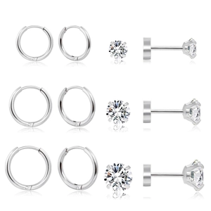 6 pairs of silver stainless steel hoop earrings and clear cubic zirconia stud sets