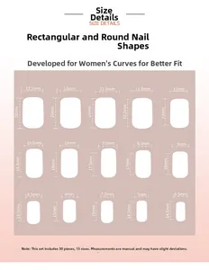 Size chart showing 15 different dimensions for 30 pieces of medium square press-on nails