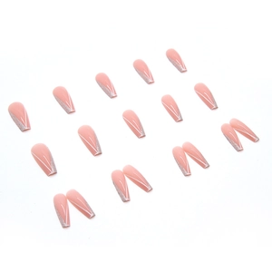 Nude pink long ballet press-on nails with silver glitter French tips and white lines