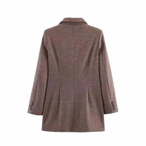 Women's long houndstooth blazer in brown and beige colors seen from the back view