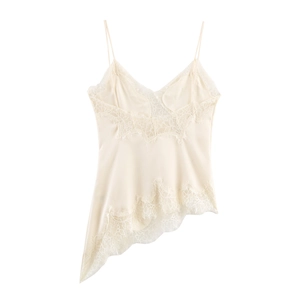 Detailed view of cream satin camisole with delicate eyelash lace trim and asymmetric hem