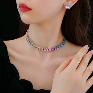 Rainbow gradient square zirconia choker necklace and stud earrings set for women