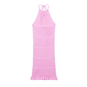 Women's Elegant Pink Knitted Halter Mini Dress Smocked Ruffle Hem Bodycon Sleeveless Summer Vacation Party Dress