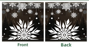 Detailed front and back view of white snowflake static window stickers for Christmas decor