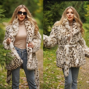 Chic mid-length leopard print faux fur coat with notched collar and waist belt for women