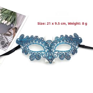 Detail of blue and black lace fox mask showing intricate weaving and 21x9.5cm dimensions