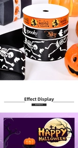 Detail of Halloween ribbon set featuring witch patterns, ghosts and skulls for DIY gift wrapping