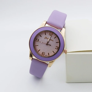 Fashionable lavender quartz watch for women with gold bezel and purple leather strap